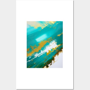 Turquoise Oceans - Abstract brush strokes in gold, blue and white Posters and Art